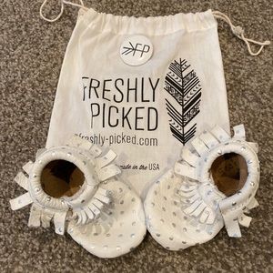 Freshly Picked white and silver polka dot Mocs.